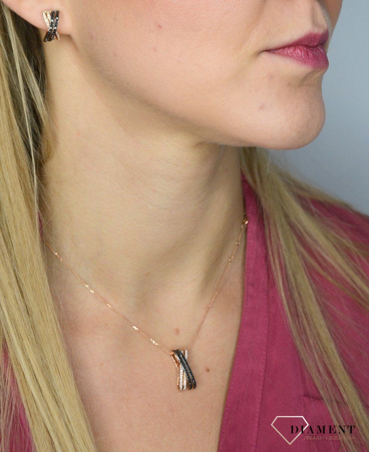 Złote kolczyki DIAMENT różowe złoto, białe i czarne diamenty 0660027070 HSI..jpg